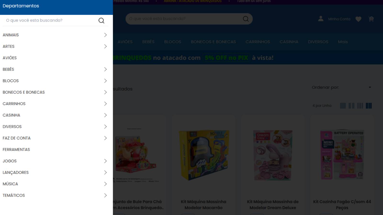 Árvore de departamentos e subcategorias